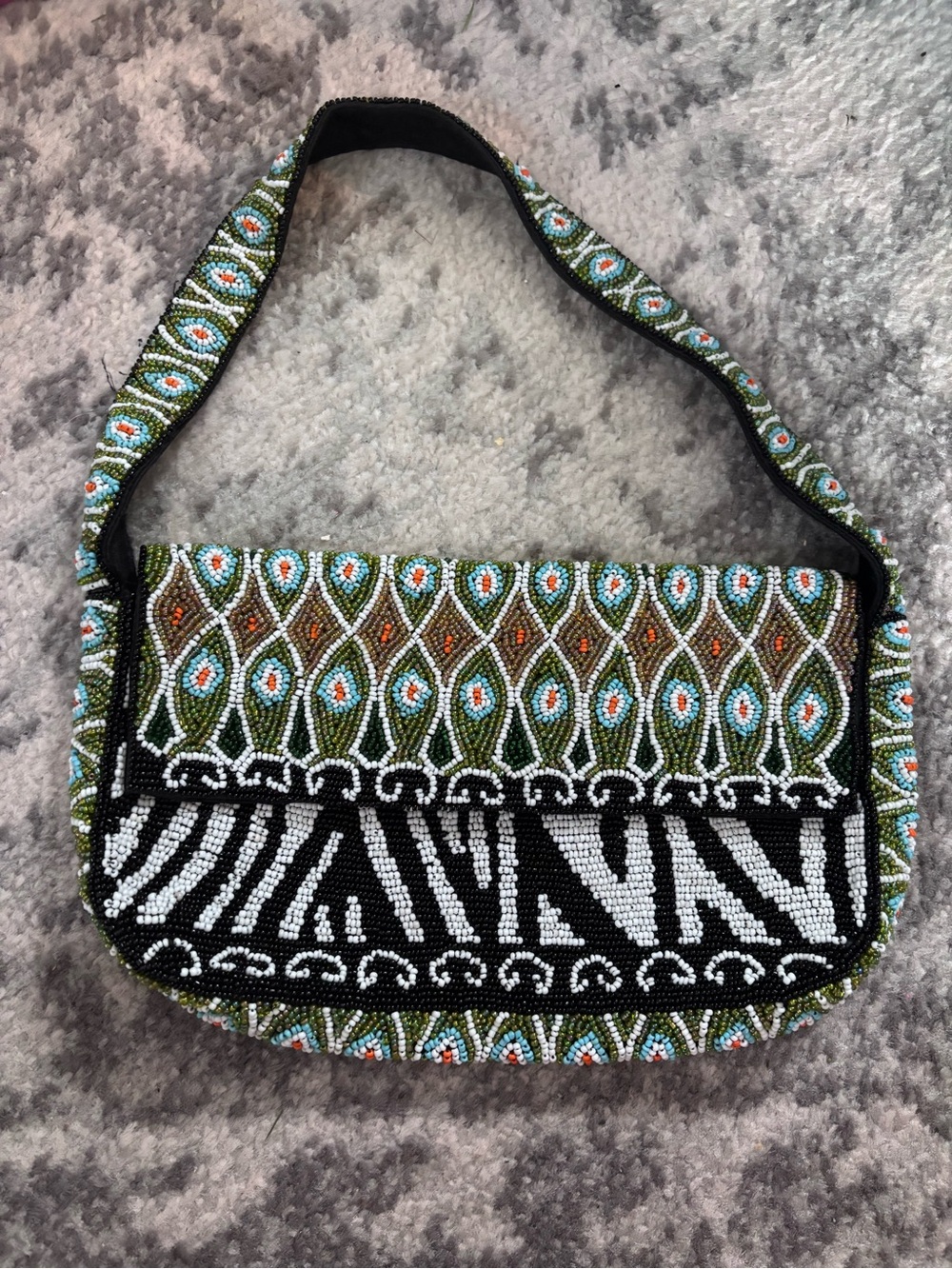 Vintage Beaded Christiana Zebra-Accent Shoulder Bag in Green and Black